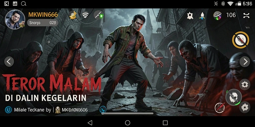 Screenshot gameplay MKWIN666 menunjukkan suasana mencekam saat menjelajahi kegelapan.