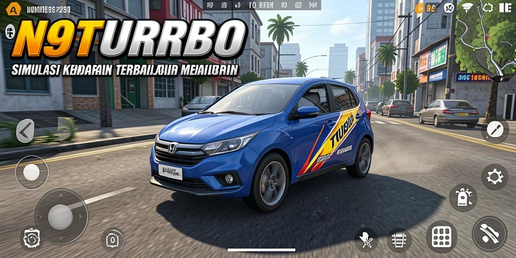 Screenshot utama N9TURBO menampilkan aksi seru berkendara dengan grafik tajam.