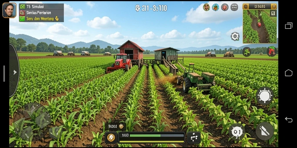 Tampilan gameplay T6 yang menampilkan ladang subur dan hewan ternak.
